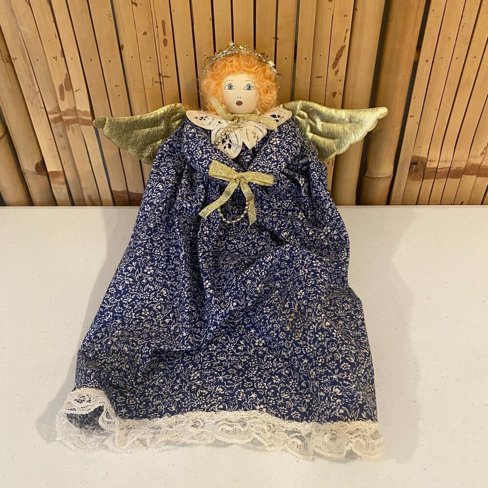 Handmade 15" Angel Tree Topper Blue Gold Lace Dress Wooden Base Christmas Decor